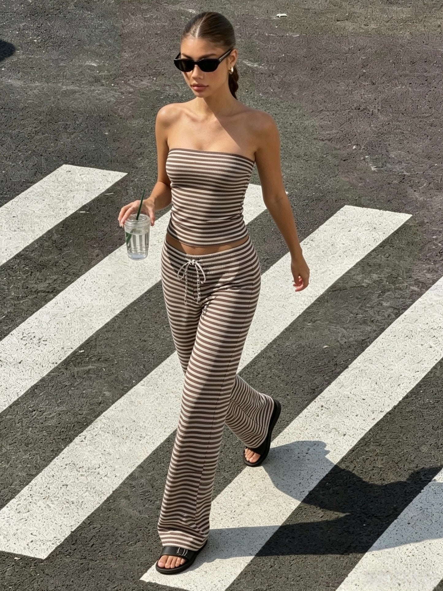 Elegant Women's Casual Color-Block Striped Two-Piece Set