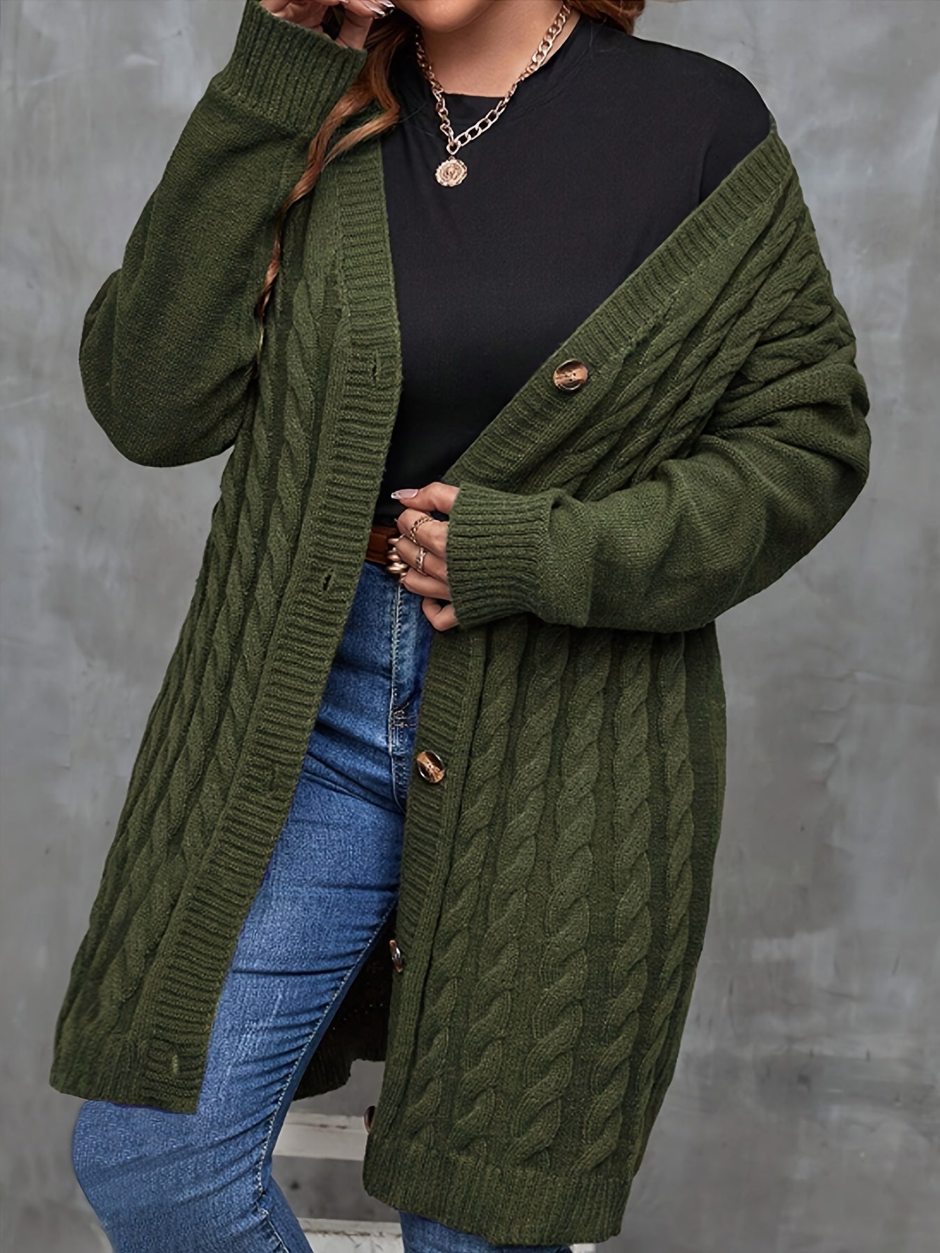 Women's Casual Long Knit Cardigan - Cozy Drop Shoulder, Thick Cable Knit Sweater with Buttons, V-Neck, Olive Green, Fall/Winter Fashion Outerwear, Cozy Autumn Apparel | Buttonfront Cardigan | Stylish Casualwear