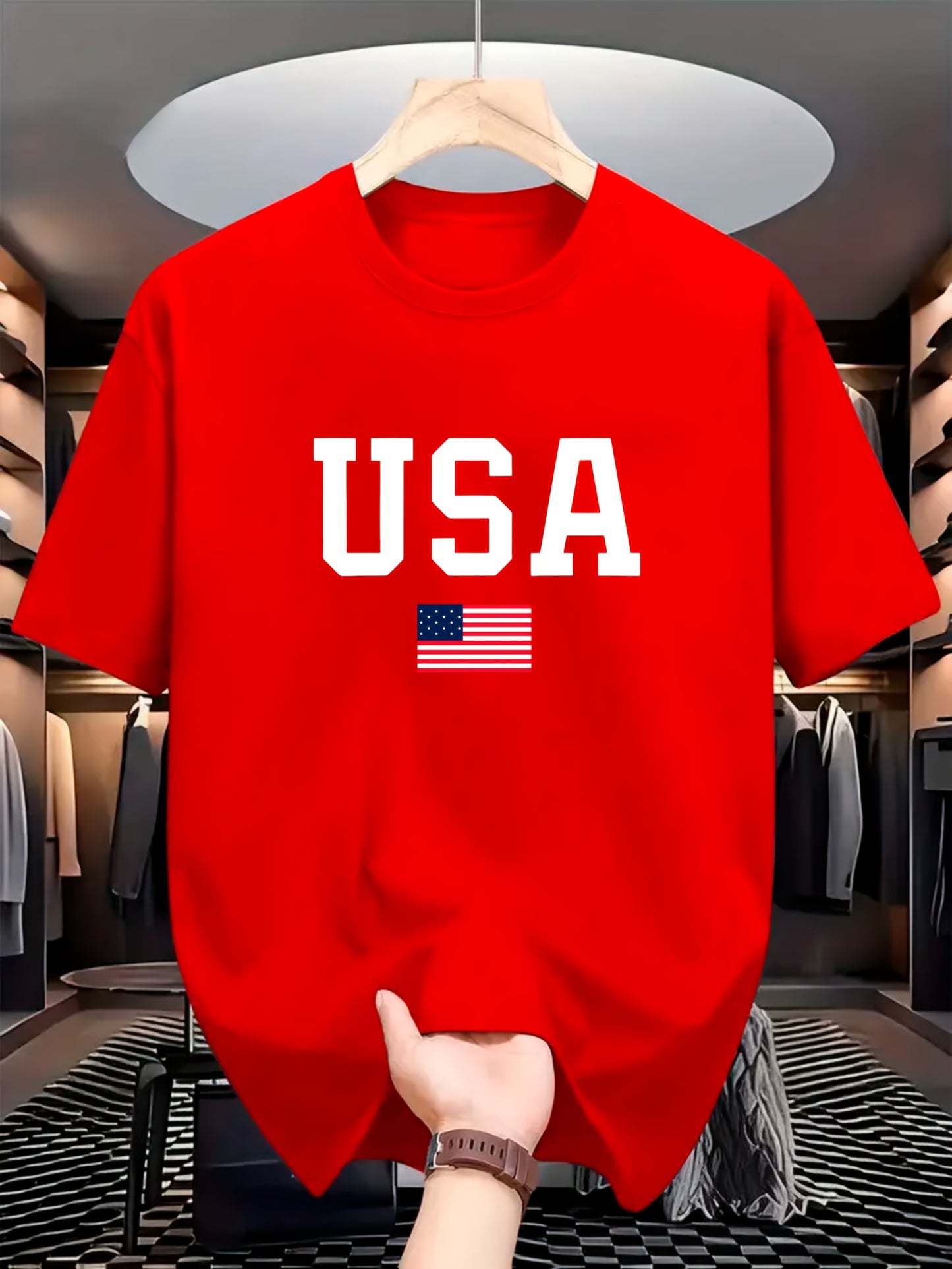USA Flag Print Crew պարանոցի վերնաշապիկ, սովորական պոլիեսթեր տրիկոտաժե թիկնոց, թեթև ձգվող, այբուբենի ձևանմուշ, տրիկոտաժե դետալ, տղամարդկանց համար, ամառային կարճաթև շապիկ