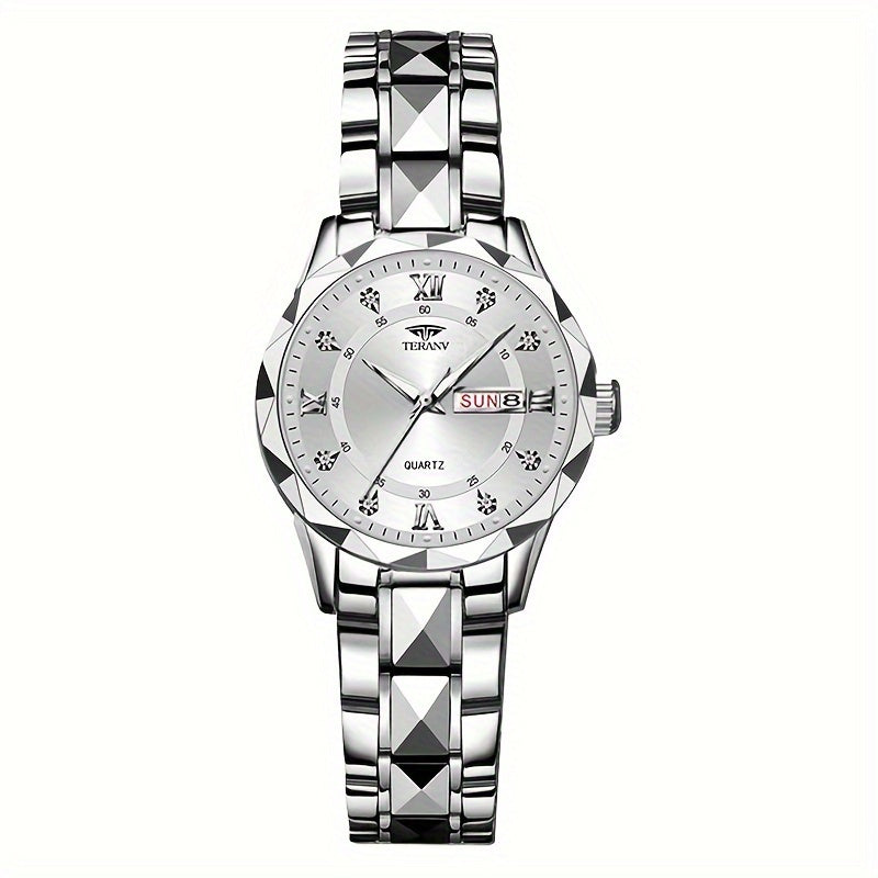 1pc Women's Stainless Steel Watch with Luminous Blue Dial, Date & Day Display, High Quality IPX7, Quartz Movement - Casual Elegant Design for Sports & Travel, Birthday Holiday Gift, Casual Attire, Secure Clasp Wristwatch