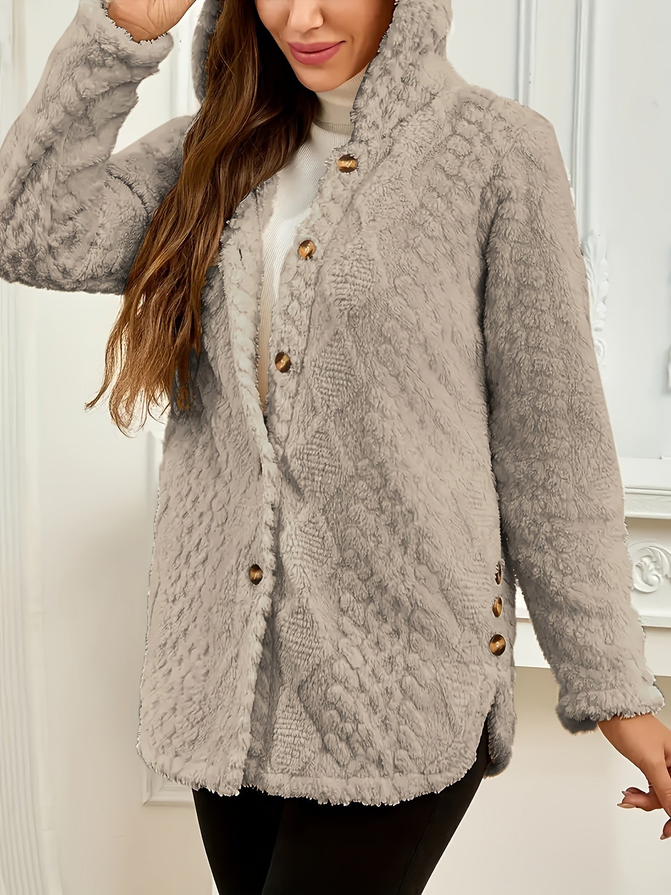 Elegant Pink Faux Fur Coat for Women - Chic Button-Front Hooded Jacket with Sleek Collar, Long Sleeves, and Ribbed Detailing - Perfect for Fall & Winter, Hand or Dry Clean Only