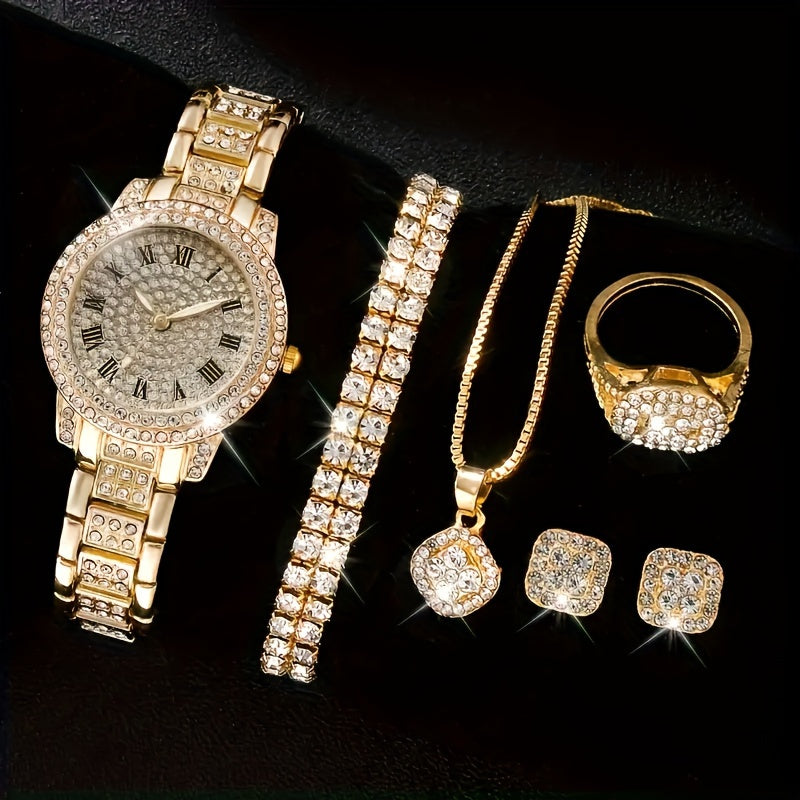 6pcs Luxury Fashion Women'S Jewelry Set, Rose Golden Stainless Steel Quartz Watch with Matching Necklace, Earrings, and Bracelet, Roman Numerals, Electronic Movement, Non-rechargeable Battery - Perfect Gift for Mom