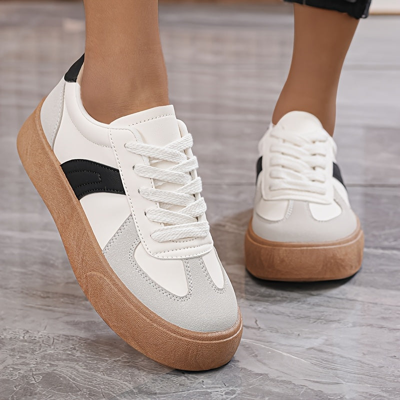 Women'S Striped Lace-Up Sneakers, Low Top Casual Shoes, All-Season Comfortable Lightweight Footwear, Plain Toe, Polyurethane Upper, Fabric Inner, Rubber Sole, Fabric Insole