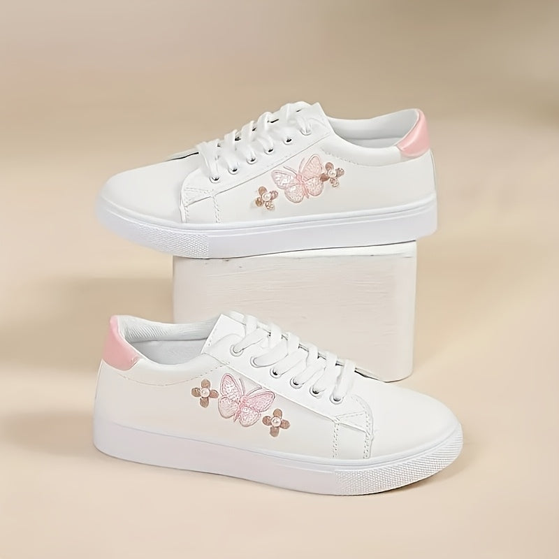 Ladies Butterfly Casual Sports Shoes, White Low-Top Lace-Up, Colorful Butterfly Pattern, Round Toe, Synthetic Upper, Plastic Sole, Non-Woven Fabric Insole and Inner Material, with Hand Wash or Professional Dry Clean Operation