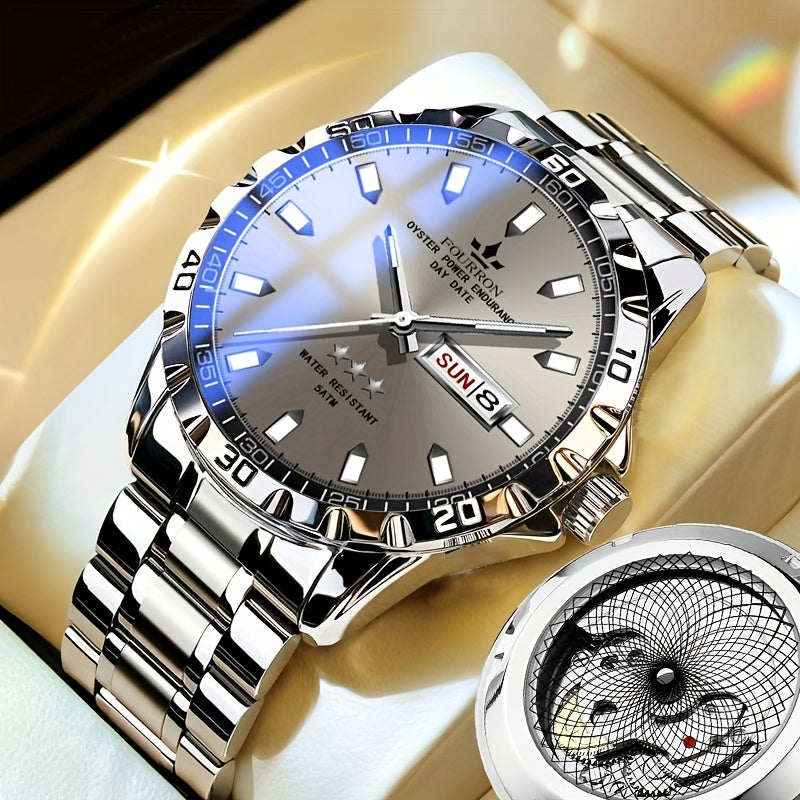 FOURRON Stainless Steel Quartz Watch with Black Dial, Date Display, Waterproof, Lightweight, Casual Style, Everyday Watch | Minimalist Watch | Stainless Steel Band