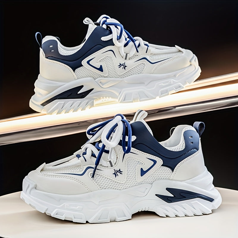 Men'S Breathable Mesh Sneakers with Thick Cushioned Sole - Lightweight Low-Top Lace-Up Shoes for Running, Hiking Casual Wear, Navy Blue White Design, All-Season Comfort, Sneakers, Hiking Footwear, Stylish Laceup Shoes, Du