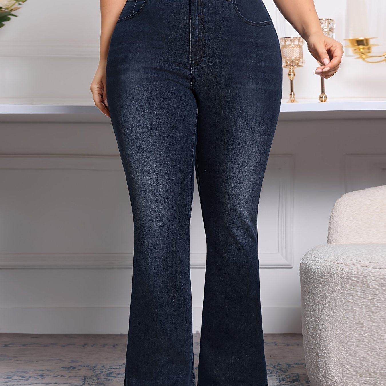 Plus Size Flare Leg Plain Washed Casual ոճի կայծակաճարմանդ կոճակով փակվող ջինսե տաբատ, կանացի ջինսե ջինսեր և հագուստ