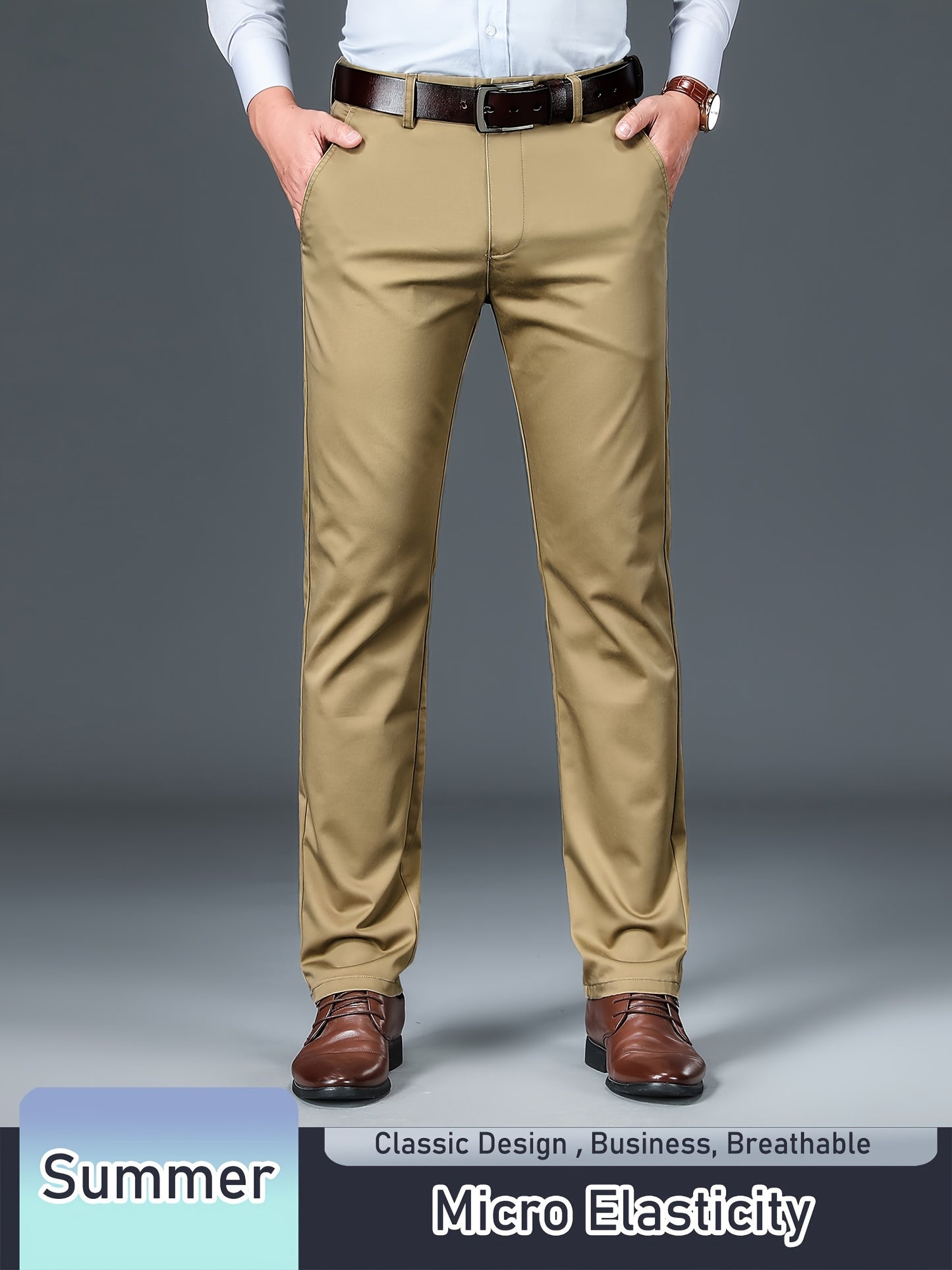 Men's Solid Pants With Pockets, Light Business Style Regular Fit Trousers For Outdoor Activities, Daily Wear For Spring And Autumn
