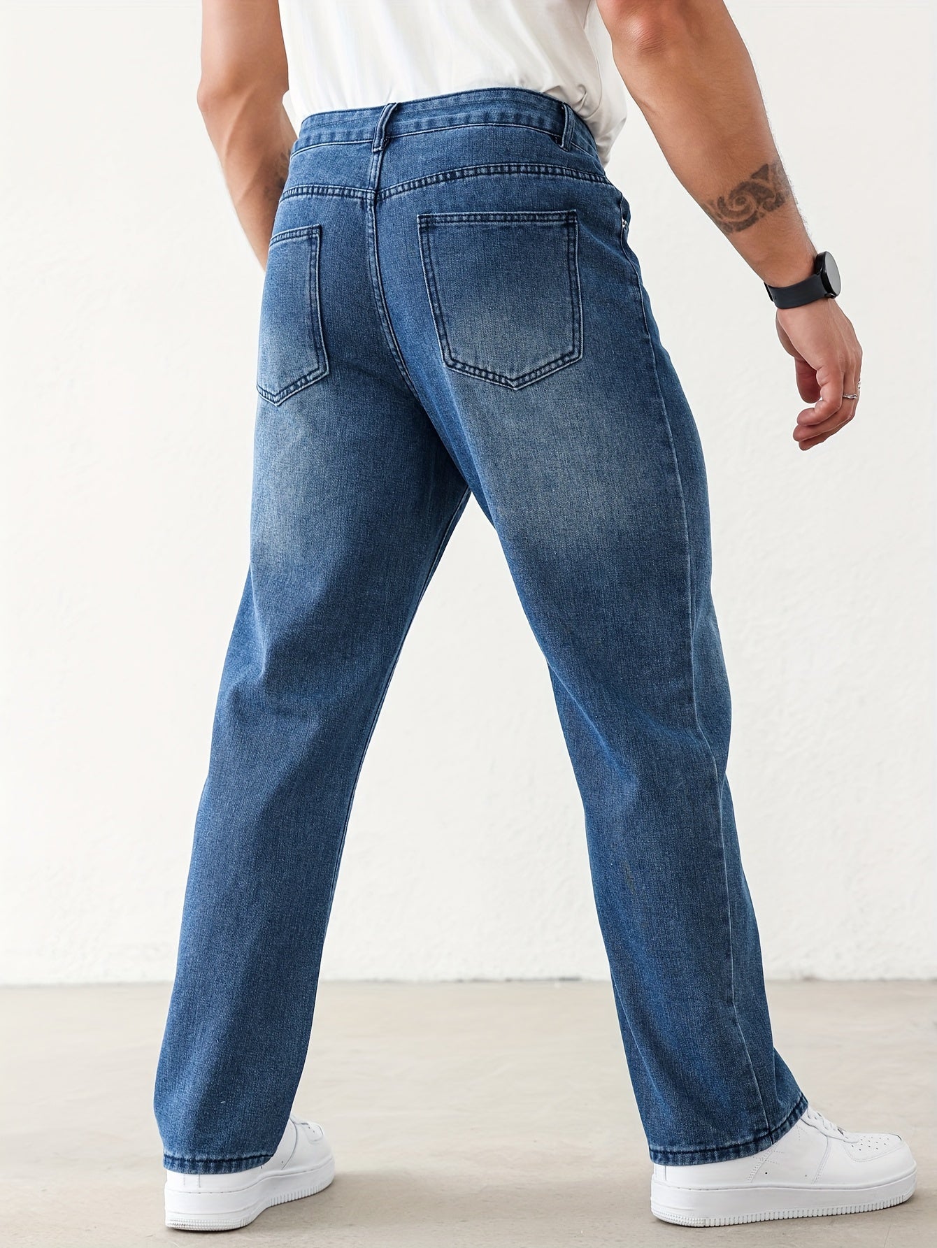 Men's Classic Straight-Leg Jeans - Casual Denim with Pockets, Machine Washable, All-Season Comfort