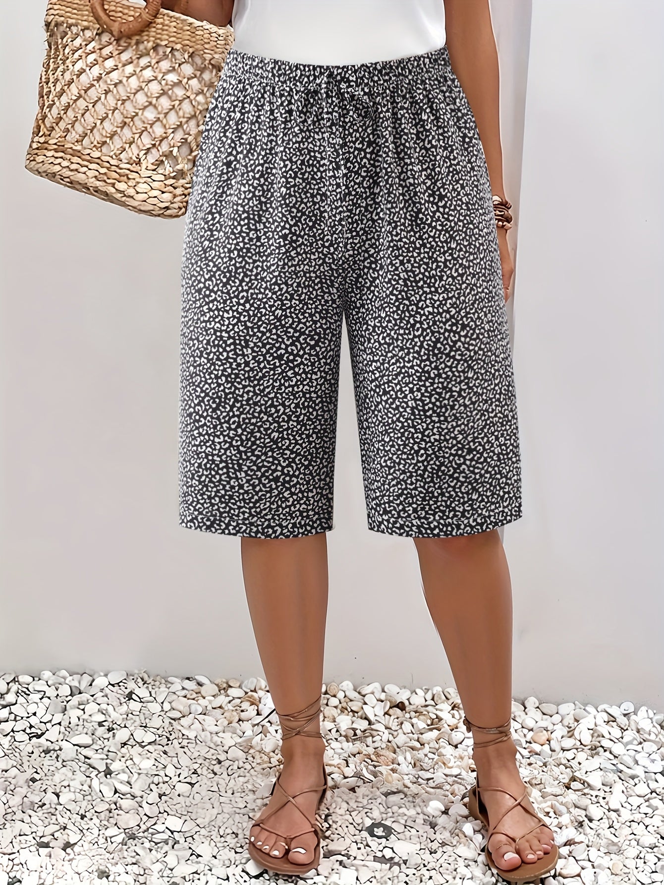 Plus Size Women's Lightweight Beach Shorts - Casual Blue and White Floral Print, Drawstring Waist, Polyester, Machine Washable, Knee-Length with Pockets