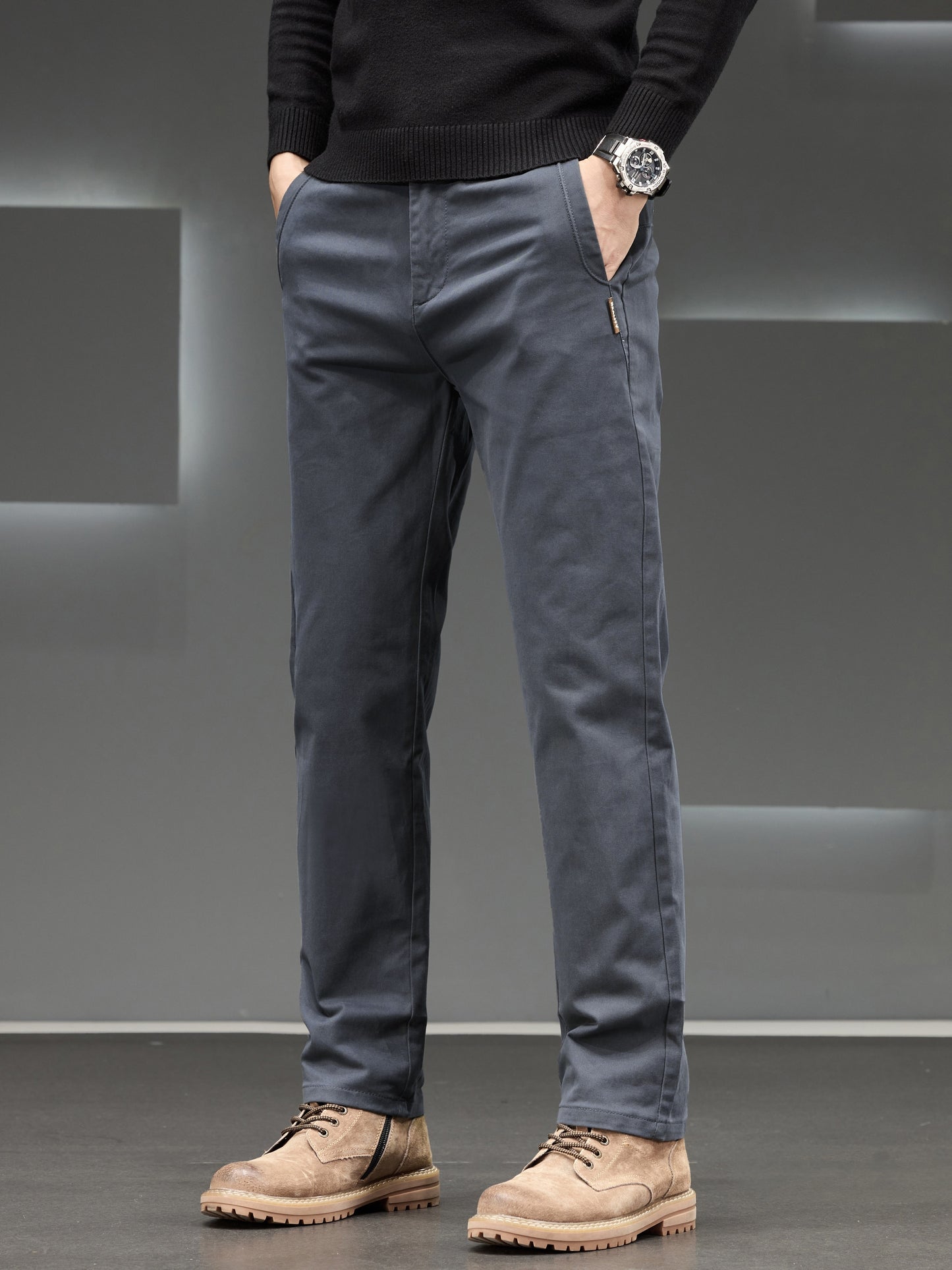 Men's Classic Business Trousers - Lightweight Polyester Straight-Leg Pants For Spring/Fall - Button Details - Non-Elastic Fabric - Solid Color - Regular Fit