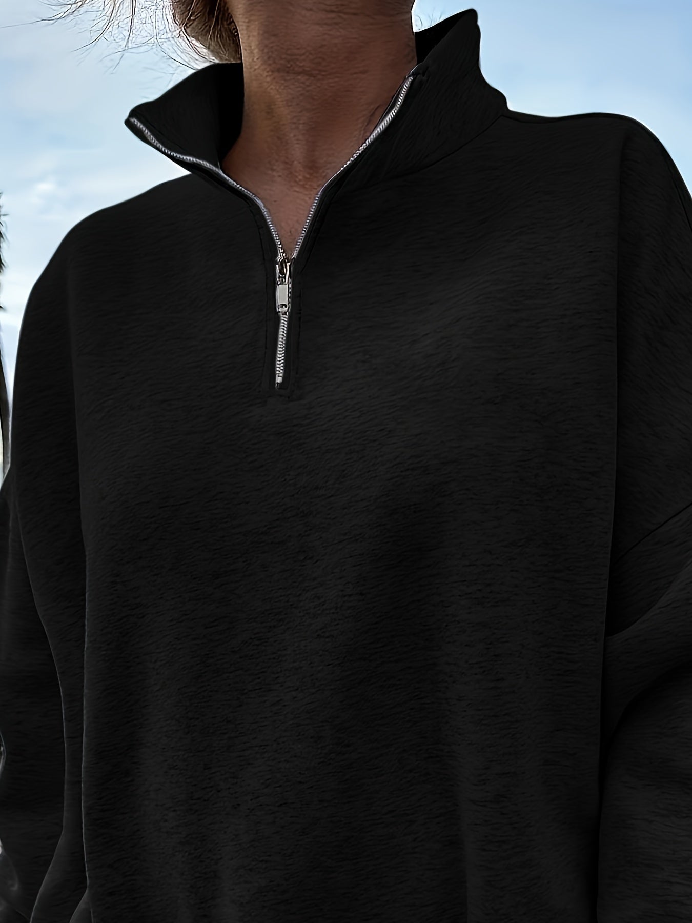 Women's Casual Heather Gray Half-Zip Sweatshirt - Soft Polyester & Elastane Blend, Long Sleeve, Stand Collar, Machine Washable - Perfect for Spring/Fall