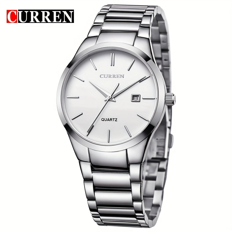 CURREN Men'S Quartz Watch, Casual Business Elegant Round Dial Stainless Steel Strap, Battery Powered Calendar Pointer Display, Aluminum Alloy Case, Non-Rechargeable Button Battery
