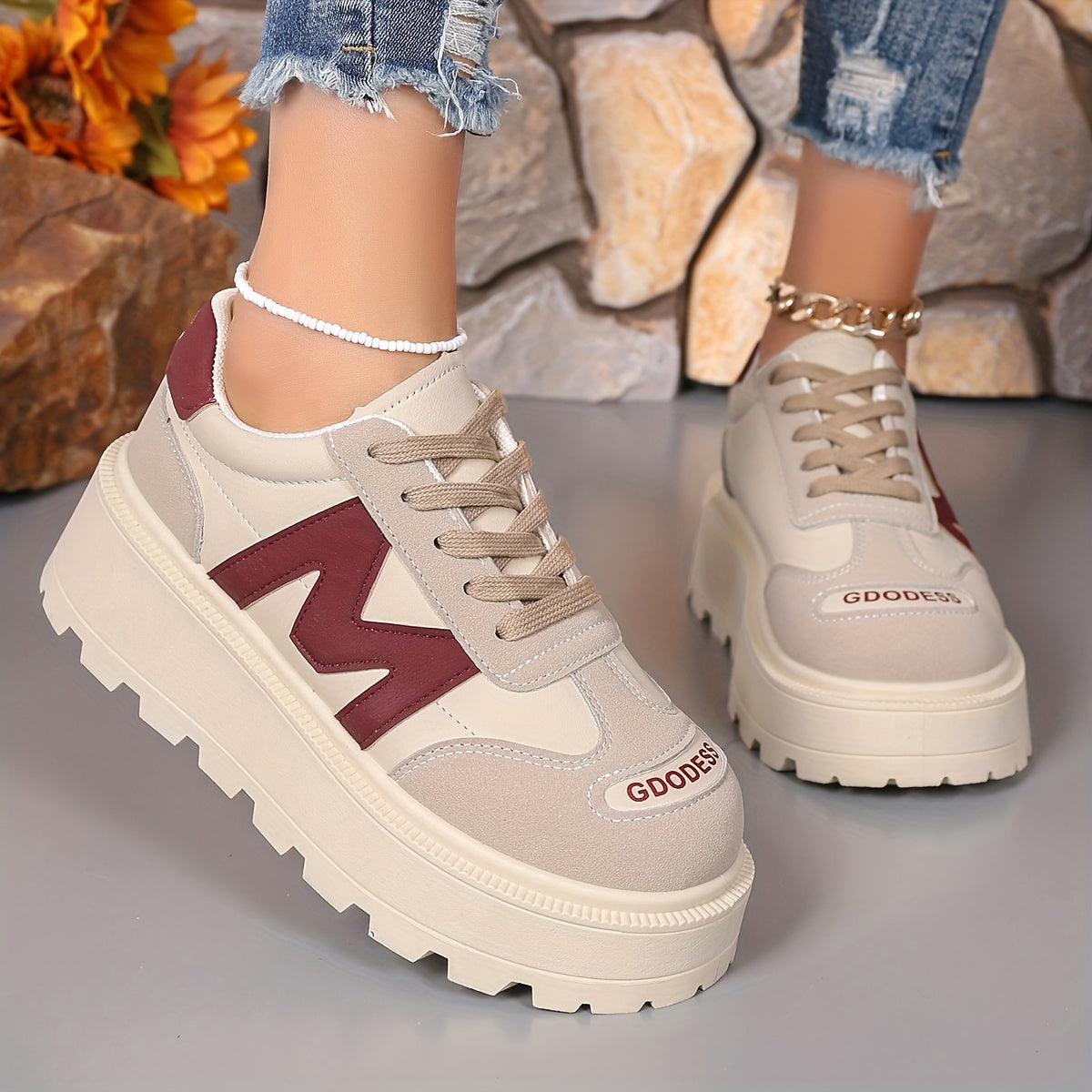 Women's Casual Lace-Up Sneakers - Breathable, Thick Sole, Round Toe, Faux Cover - White, High Top Sneakers