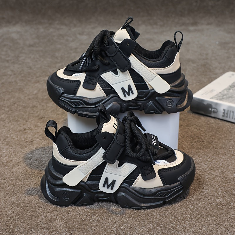 Kids' Chunky Sneakers - Breathable Mesh Running Shoes with Hook-and-loop Fastener Straps, Black & Brown Design for Boys & Girls, Casual & Sporty Style, All-Season Wear, Cute Shoes