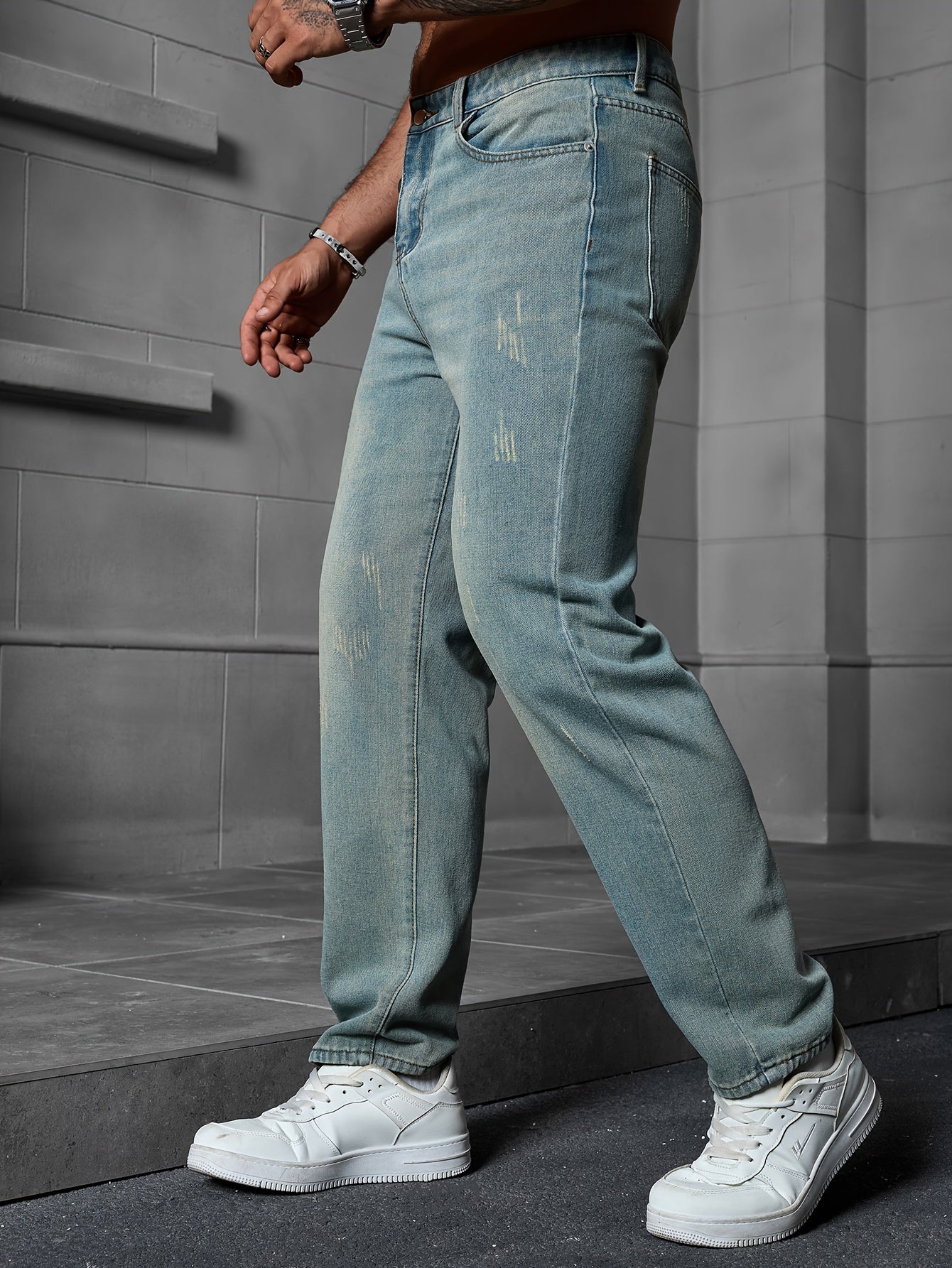 Men's Regular Fit Distressed Denim Jeans - Light Grey, Blend, Machine Washable, Year-Round Comfort & Style