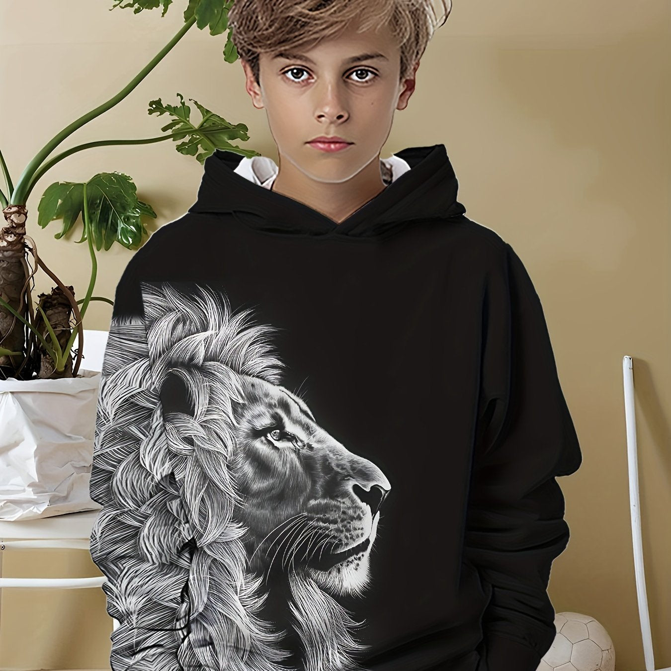 Տղաների 3D Lion Print Hoodie - Հարմարավետ պոլիեսթեր խառնուրդ, սովորական երկարաթև պուլովեր գլխարկով, լվացվող մեքենայով, կատարյալ գարնան և աշնան համար, հիմնական գլխարկով:
