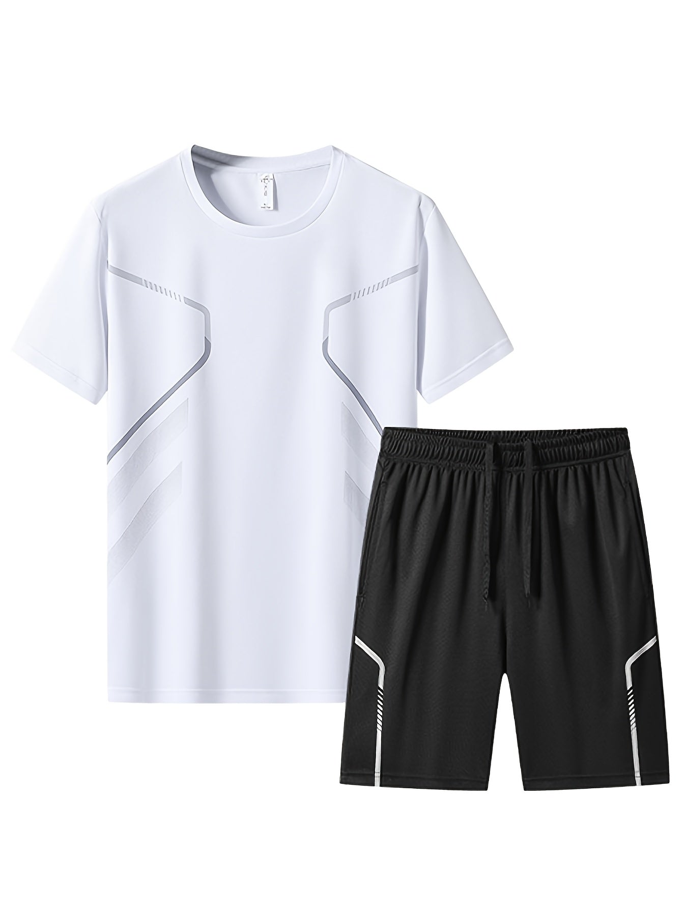 2pcs Men's Summer Sportswear Set - Comfortable Polyester Crew Neck T-Shirt & Black Drawstring Shorts with Side Stripe, Casual Style, Easy Care, Athletic Shorts