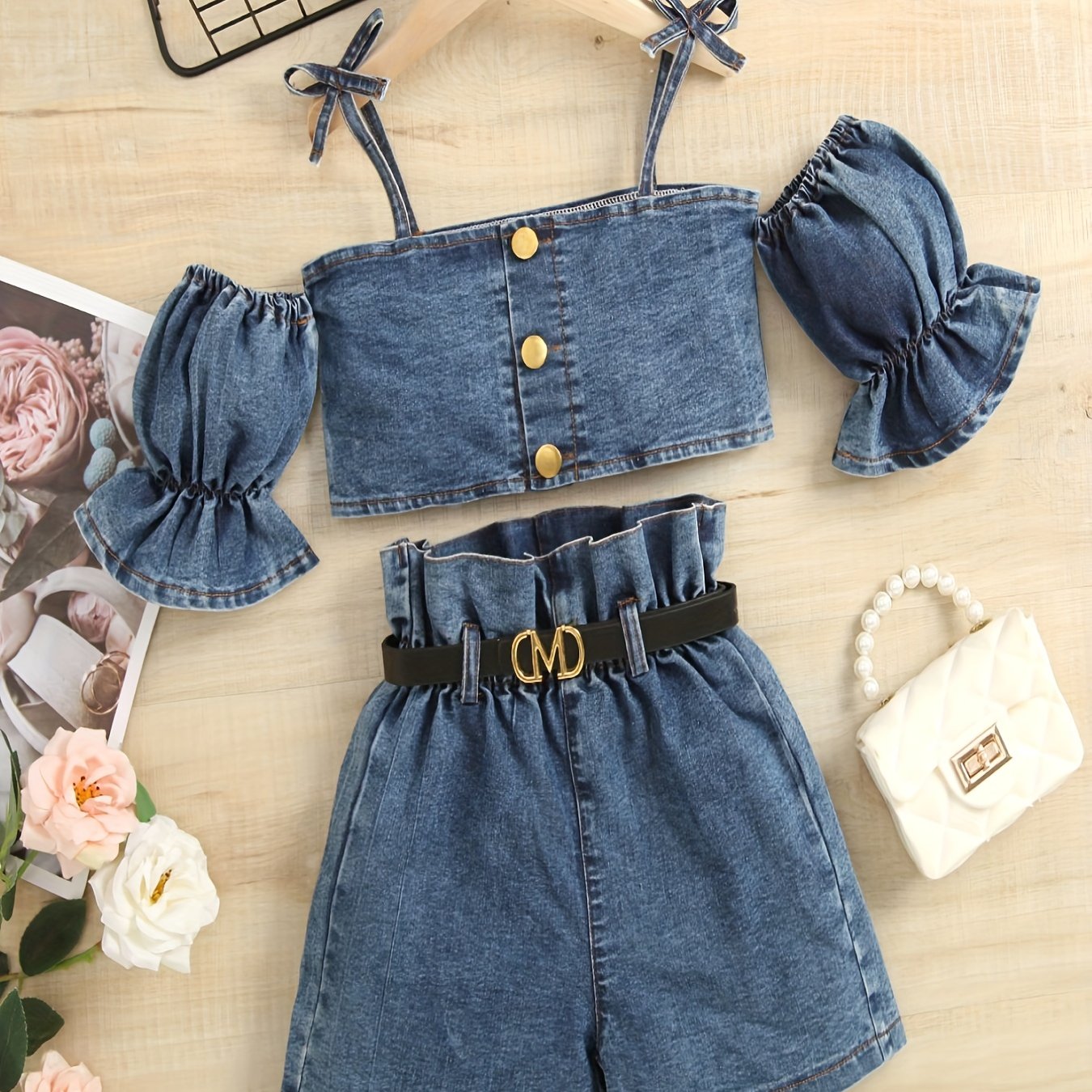 2 հատ Toddler Girls Puff Sleeves Cold Shoulder Button Crop Top & Paperbag իրան շորտեր Ջինսե հավաքածու Մանկական ամառային հագուստ