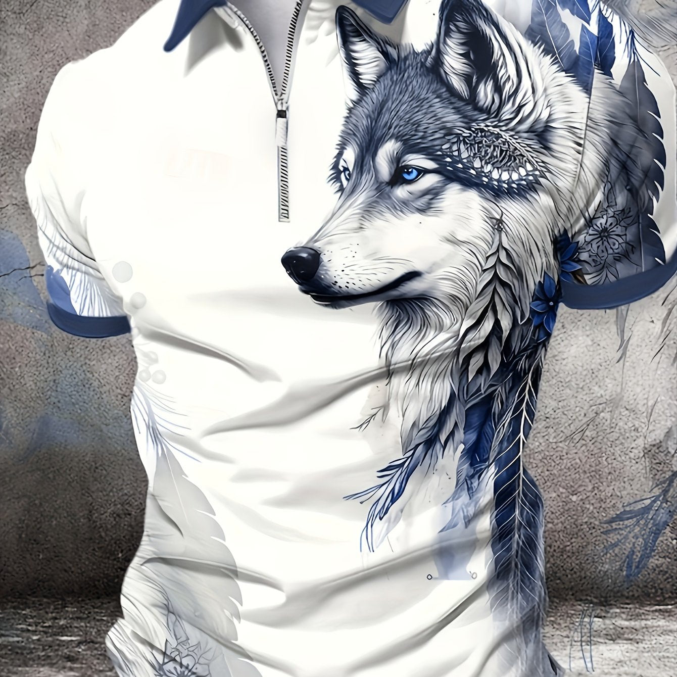 Men's 3D Wolf Print Shirt - Stylish White & Blue, Breathable Polyester, Short-Sleeved with Slightly Elastic Lapel - Ideal for Work or Streetwear, Summer Wear