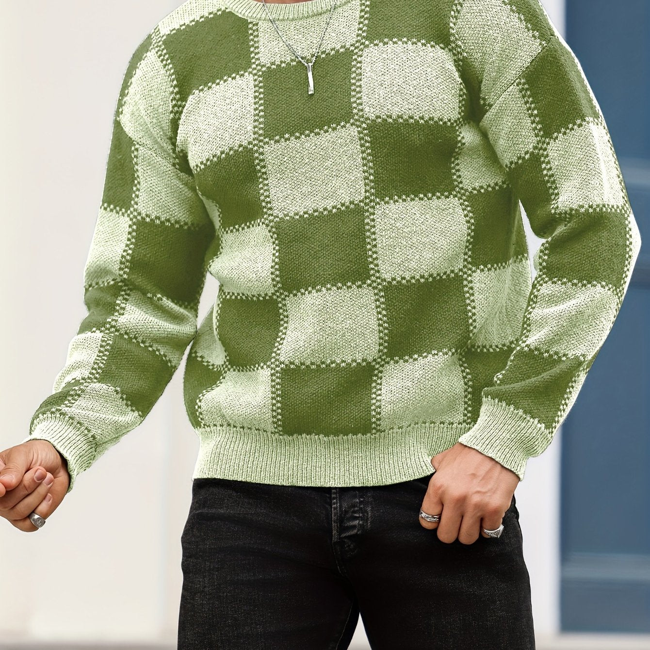 Men's Color Blocking Textured Checked Print Casual Trendy Sweater, Long Sleeve Pullover As Gift For Fall And Winter