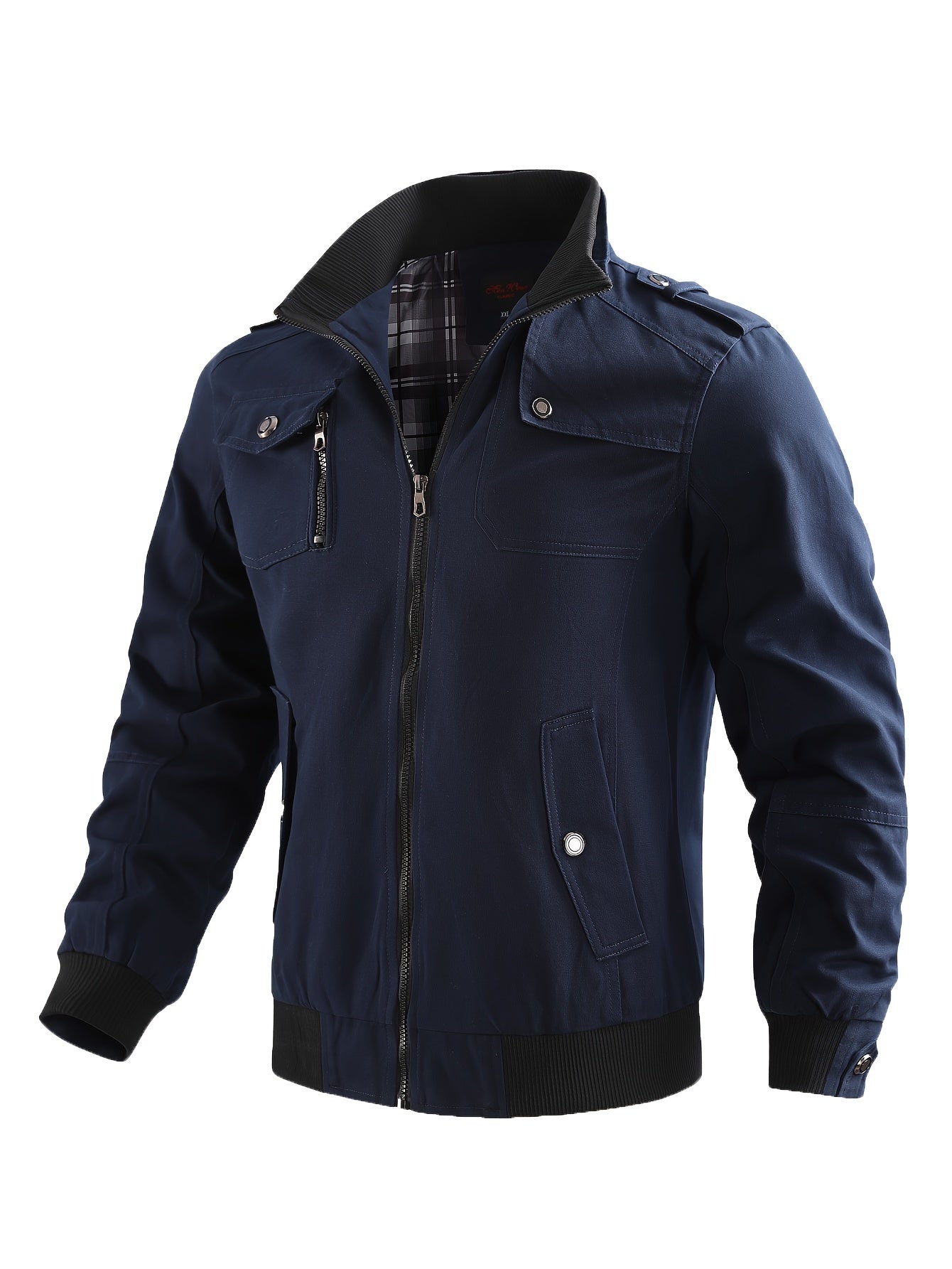 Men's Casual Bomber Jacket, Cotton Stand Collar Windbreaker Jacket With Pockets For Fall Winter
