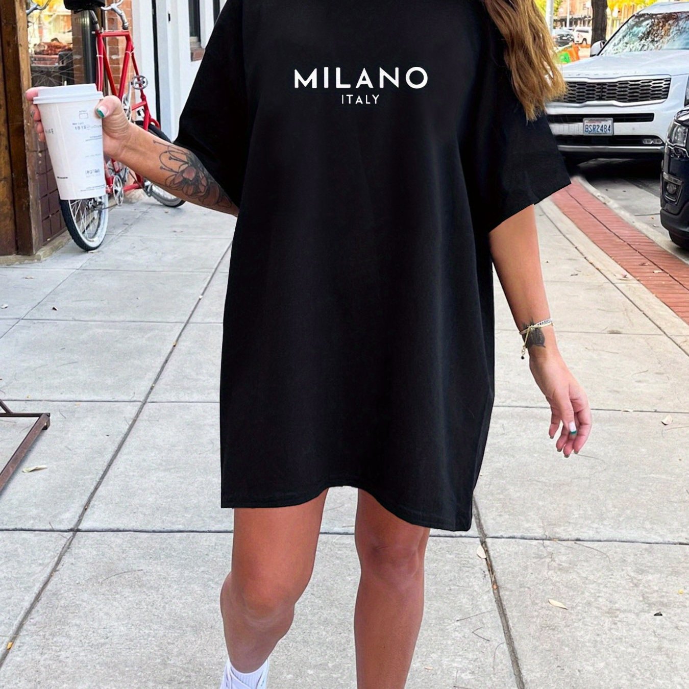 Double-Sided Milano Italy Letter Print Crew Neck Tee Dress, Casual Short Sleeve Summer Dress for Women, Lightweight and Comfortable