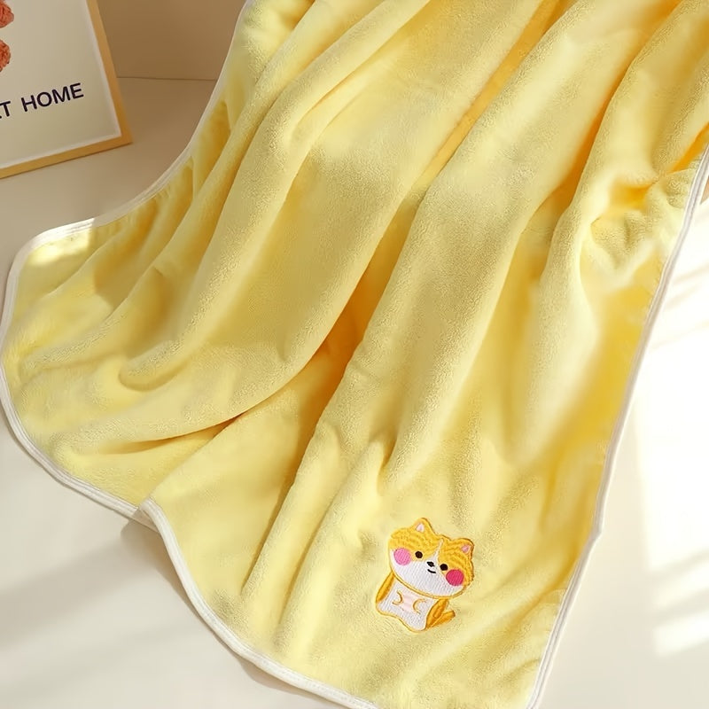 Bindi Monkey Ultra-Soft Coral Fleece Youngsters Towel - Quick-Dry, Absorbent & Cozy Cartoon Embroidered Bath Towel for Boys & Girls - Pink/Green/Blue/Yellow Options