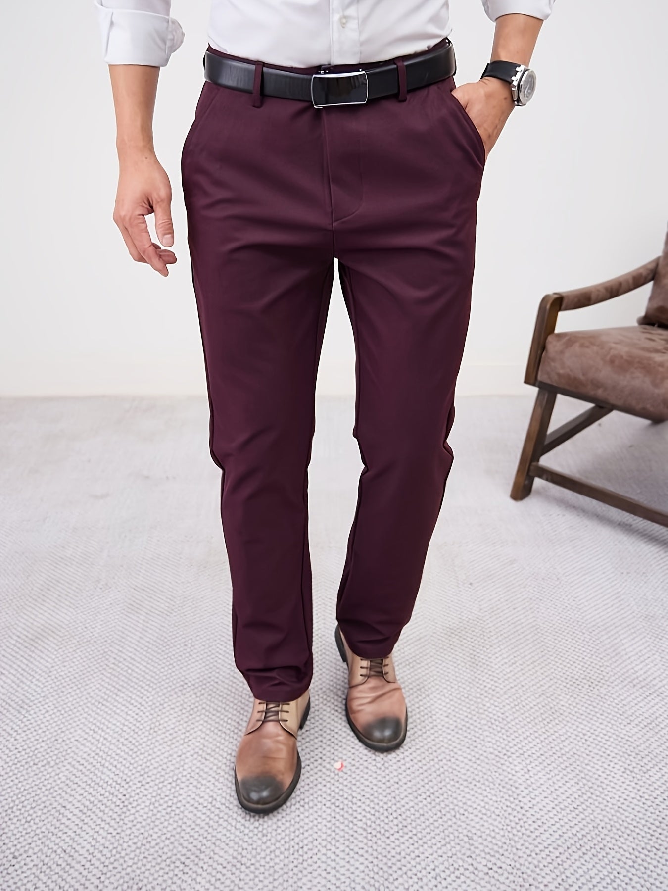 Men'S Casual Solid Color Regular Length Slight Stretch Woven Fabric Pants for Adult