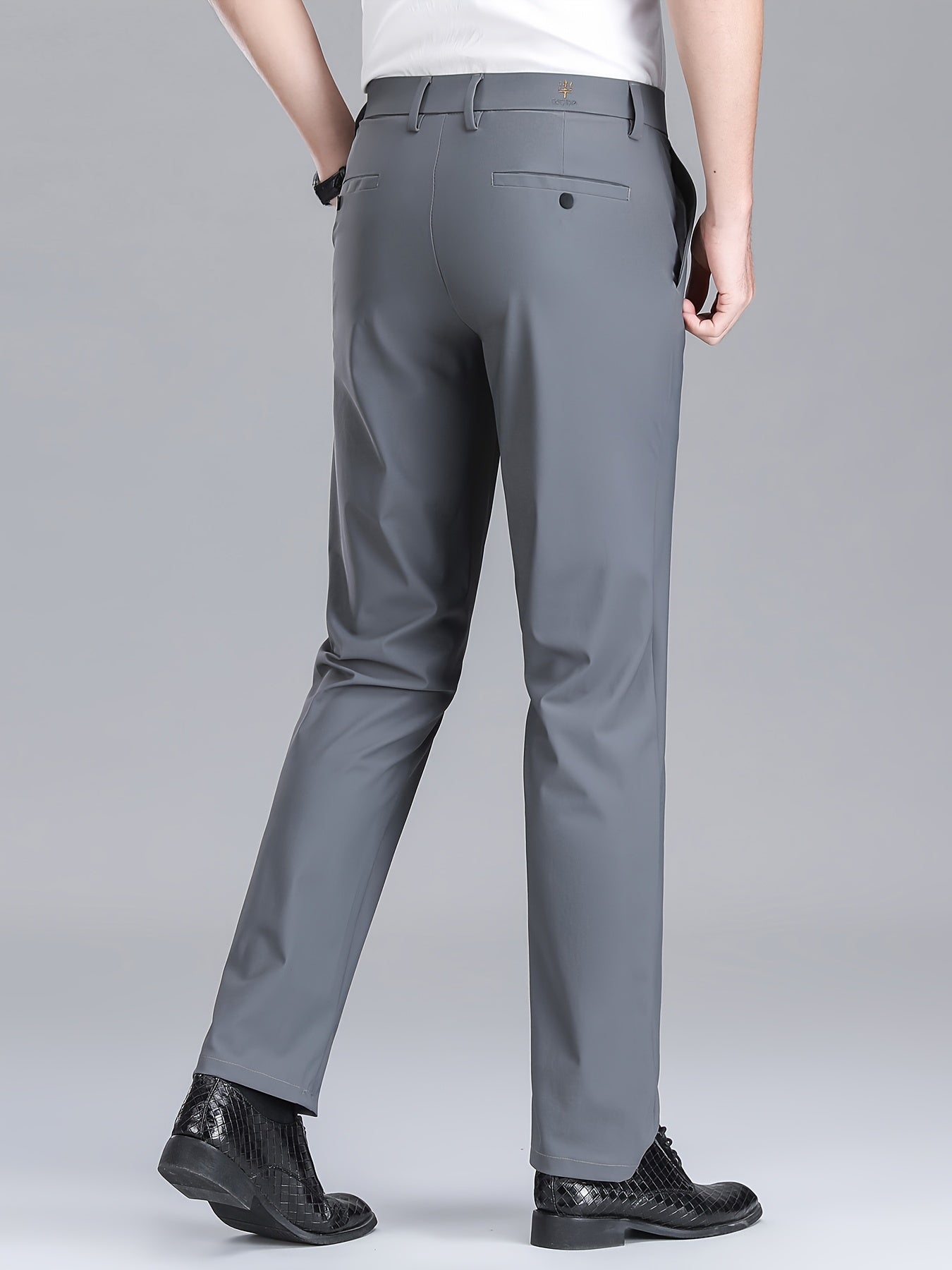 Men'S Navy Blue Straight Leg Dress Pants - Casual Style, Polyester Fabric with Slight Stretch, Mid Waist, Button Closure, No Belt, Regular Fit, Outdoor & Office Wear, Office Attire|Straight Leg Pants|Polyester Fabric