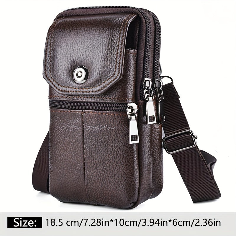 1pc Genuine Leather Cowhide Men's Waist Bag, Multi-Functional Zippered Phone Pouch with Adjustable Strap and Spacious Compartments for Work & Daily Use, Casual Style Top Layer Leather Fanny Pack