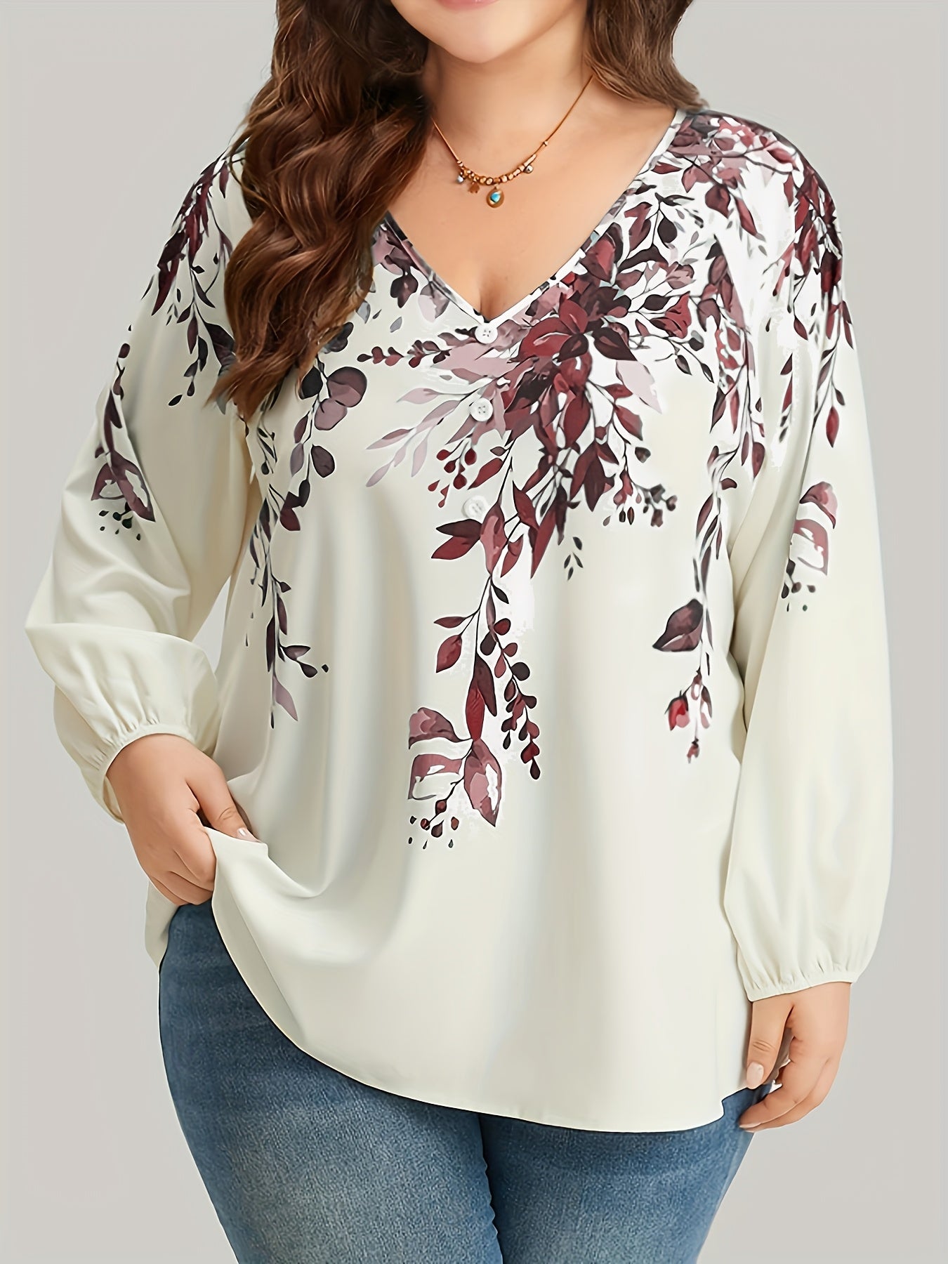 Plus Size Floral Print Blouse, Casual V Neck Long Sleeve Blouse For Spring, Women's Plus Size Clothing