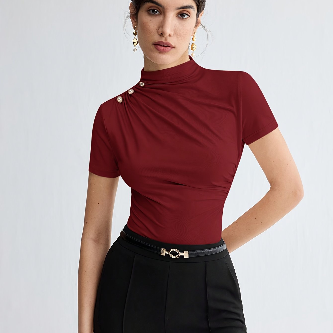 Elegant White Short Sleeve Turtleneck Top with Button Detail - Versatile Summer Blouse for Women, Casual Attire|Minimalist Style|Sleek Fit