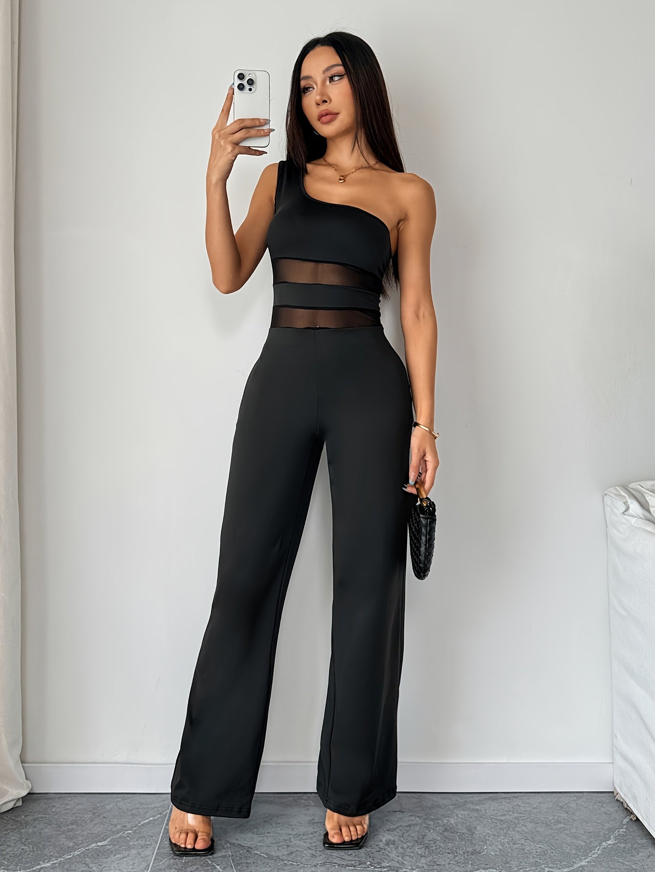 Women's One Shoulder Jumpsuit with Mesh Panels - Sexy & Stretchy