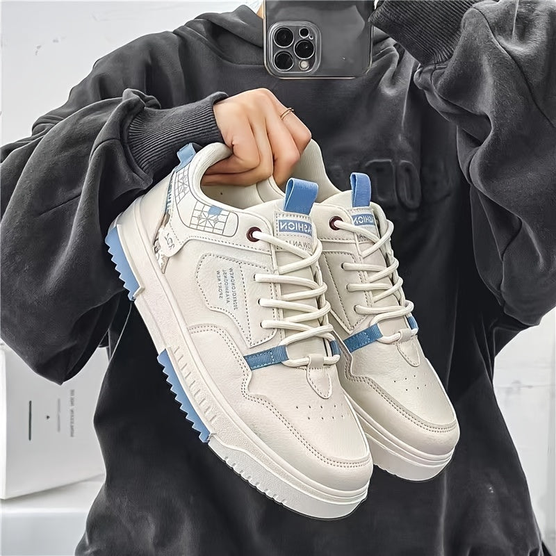 Men's Skate Shoes with Good Grip Breathable Design - PU Upper, Cushioned PVC Sole, Black/Blue Letter Pattern Lace-Up Sneakers for All-Season Casual Sports Wear, Allseason Shoes Modern Casual Shoes Comfortable Wear