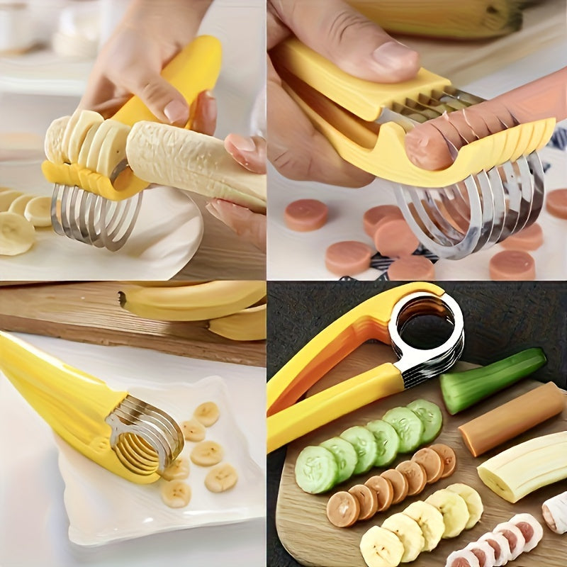 Premium Banana & Cucumber Slicer Pro - Sharp Stainless Steel Blade, Manual Handheld Slicer with Ergonomic Yellow Plastic Handle - Dishwasher Safe, Rust-Resistant & BPA-Free for Healthy Snacks, Meal Prep, Home & Professional K