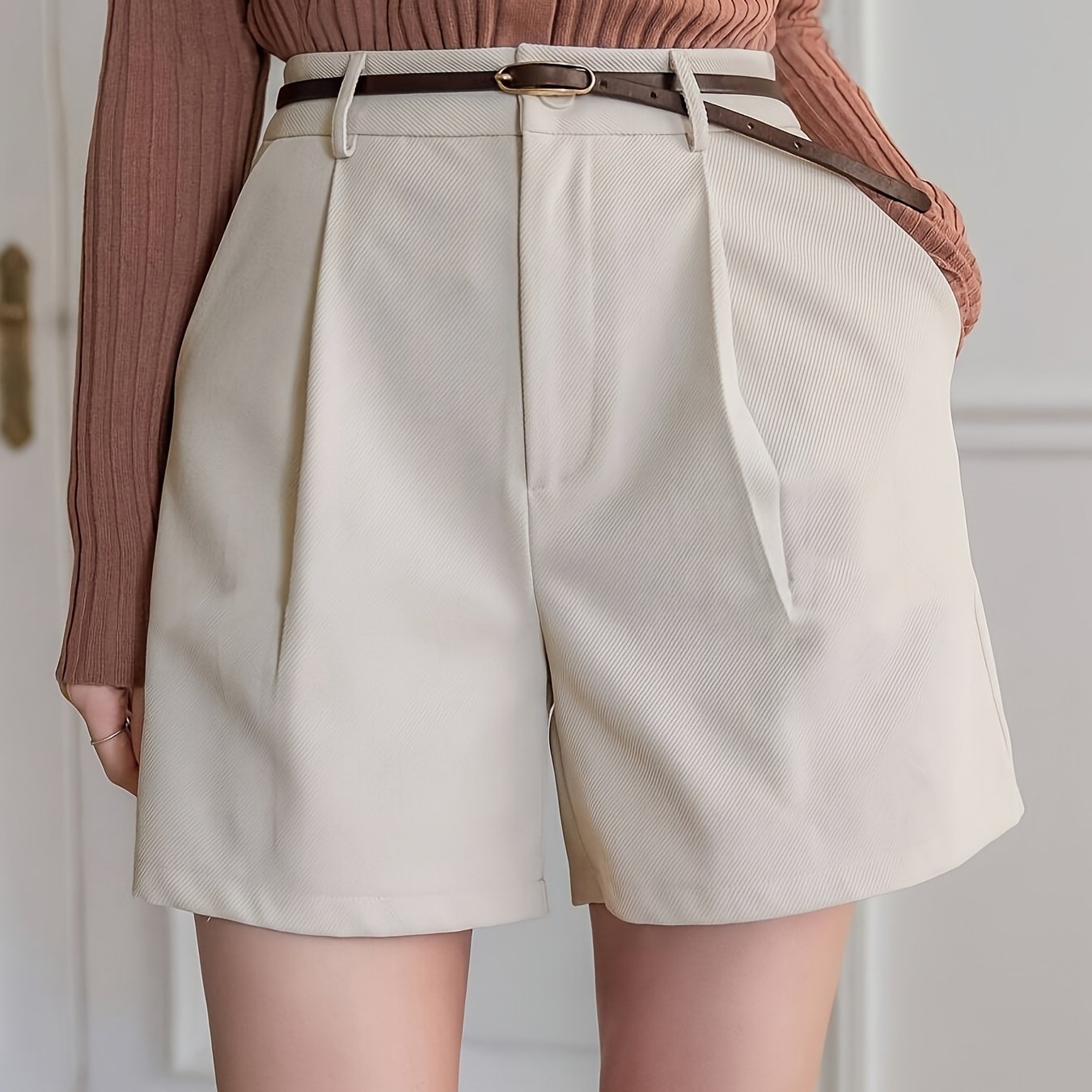 Women'S High-Waisted Straight Pants Shorts with Slant Pockets and Pleats, Solid Color, Woven Polyester, All-Season
