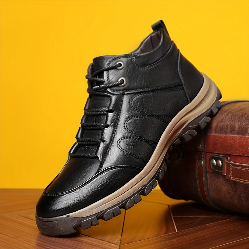 Men'S Stylish Black Leather High-Top Boots - Casual, Fashionable, Business-Ready with Lace-Up Closure, Rubber Sole, and Round Toe Design for Winter Sports and Daily Wear, Winter Boots|Stylish High Boots|Laceup Boots