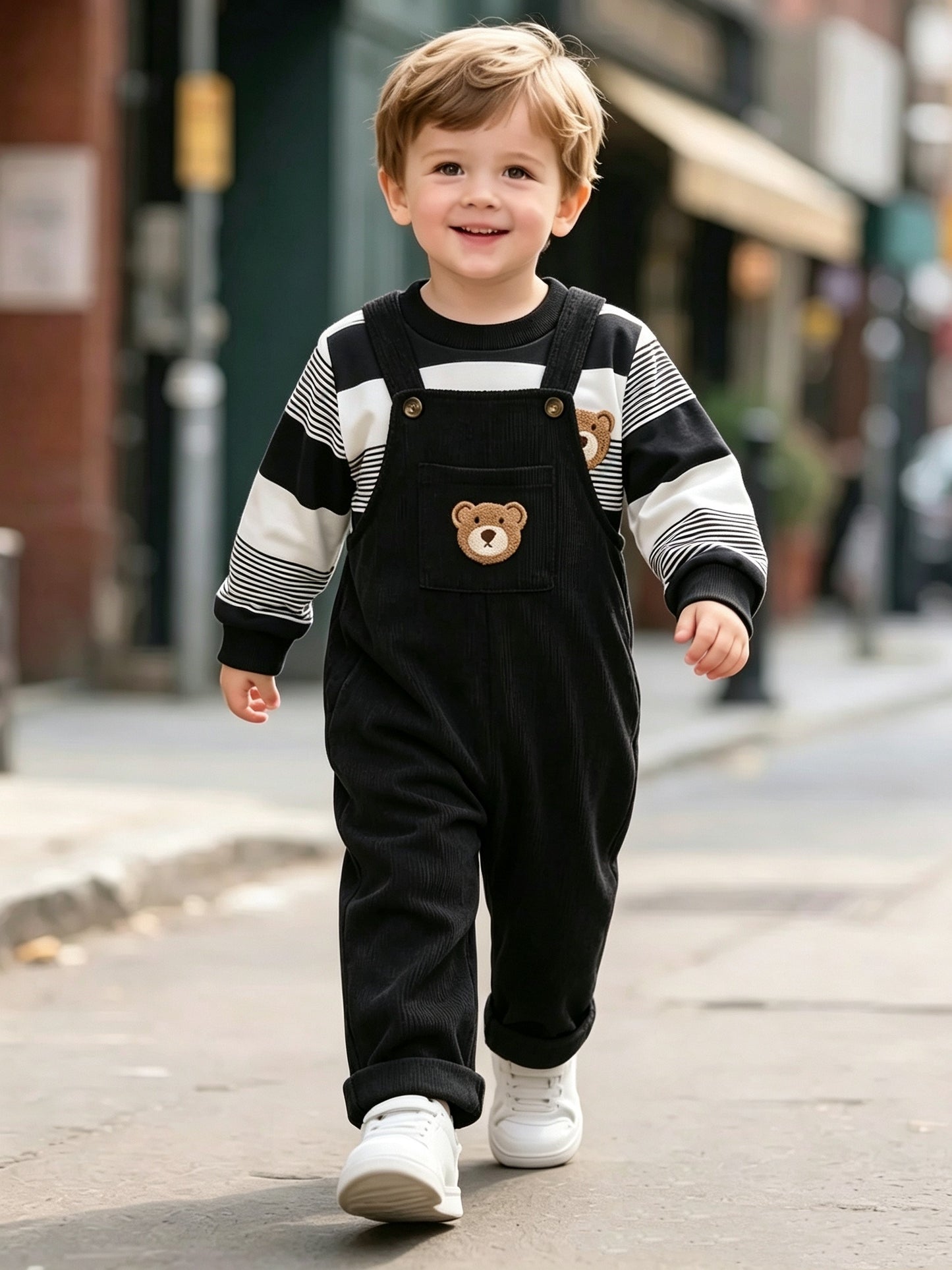 Boys' Fall/Winter Striped Top & Corduroy Suspender Overalls Set