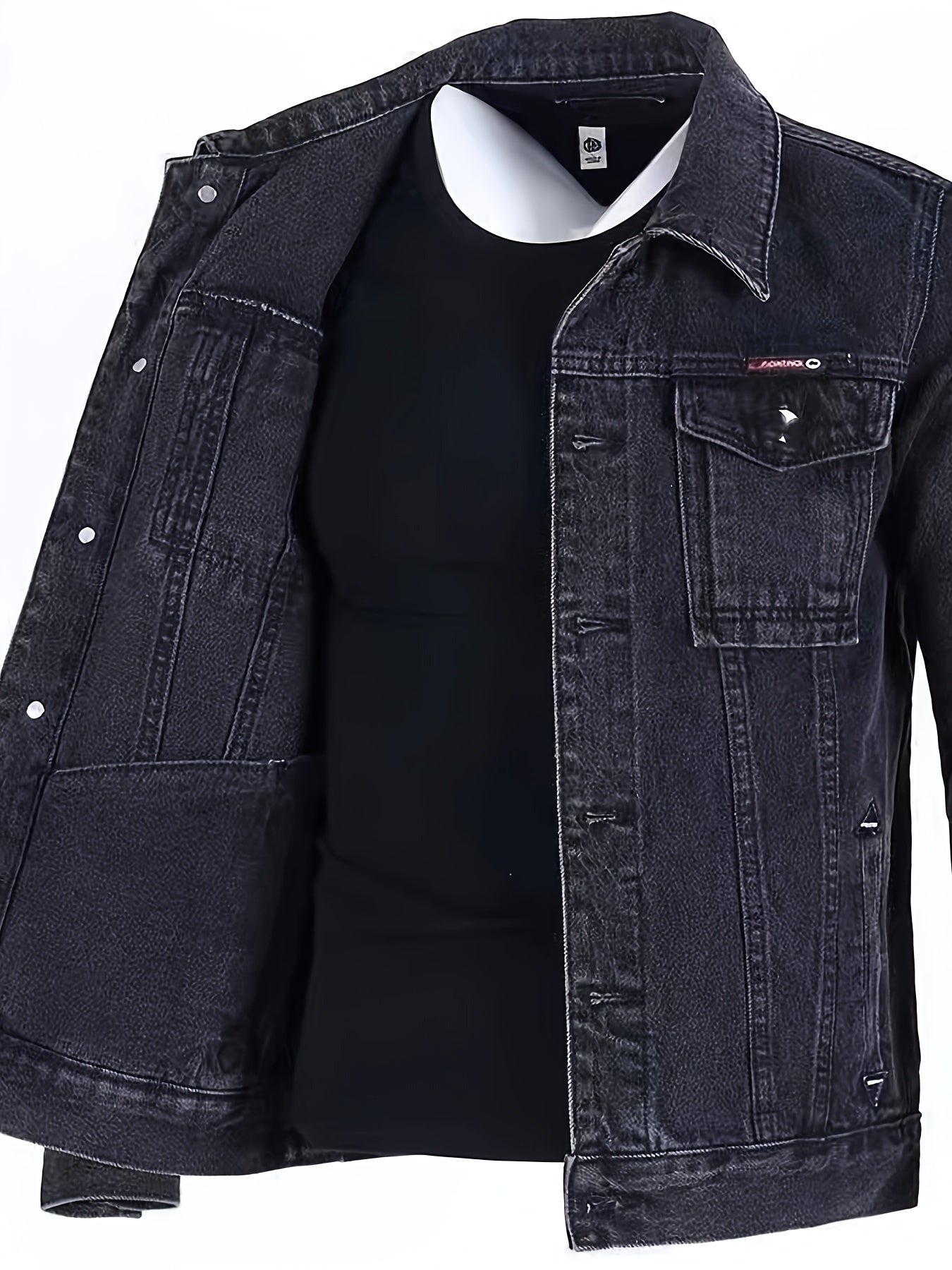 Men's Spring/Autumn Denim Jacket - Casual Chic Style, Black Blend with Red Accents, Button-Up with Flap Pockets, Long Sleeves, Ideal for Hiking & Casual Attire, Outdoor Apparel|Classic Denim Style|Durable Fabric