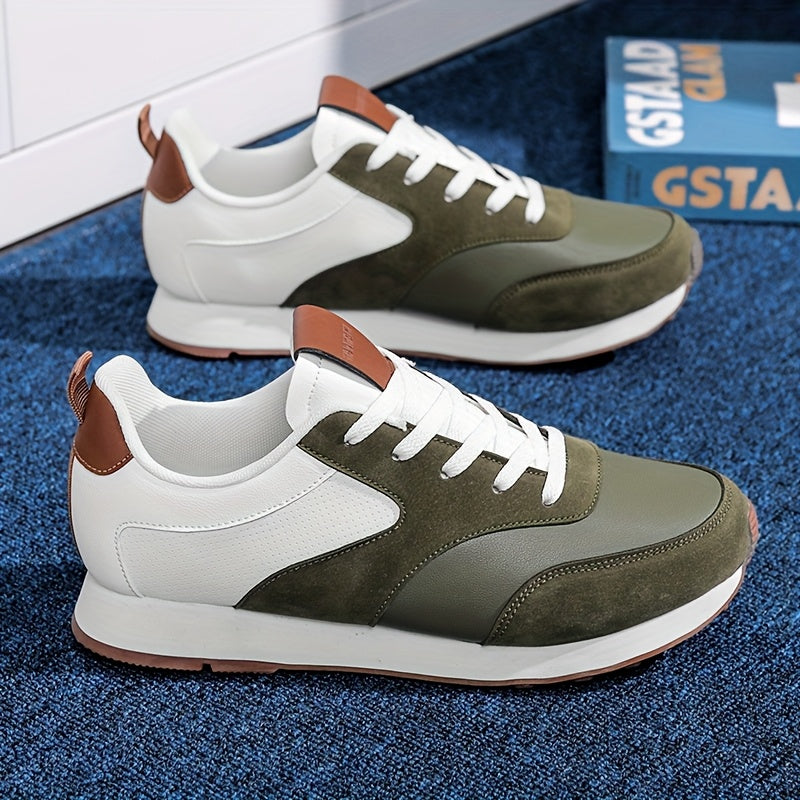 Men'S Casual Sneakers - Flat Lace-Up Shoes with Thick Sole for Height Increase - Breathable All-Season Running Shoes, Olive Green & White, Perfect for Outdoor Activities, Hiking, and Daily Wear, Hiking Footwear | Stylish Lace - ayq