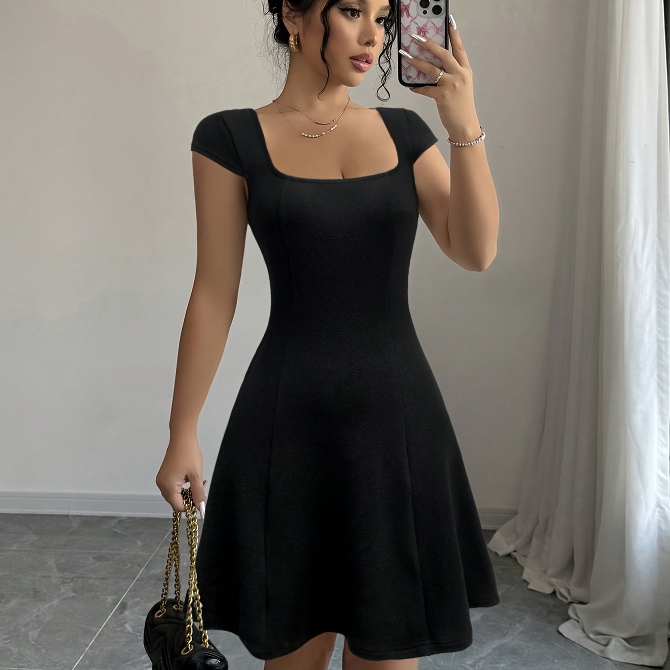 Elegant Square Neck A-Line Dress with Puff Sleeves - Stretchy, Solid Color, Chic Design for Everyday & Work Wear