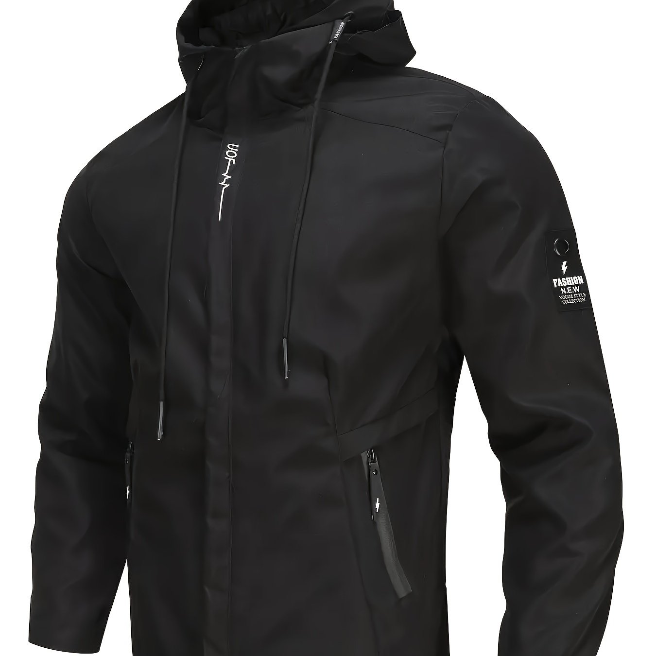 Men's Casual Windproof Hooded Jacket with Embroidery Detail, Long Sleeve Zip-Up Polyester Coat for Spring and Autumn