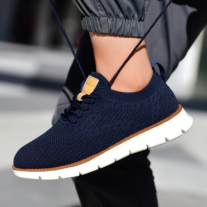 Men's Breathable Knit Business Casual Shoes - Beige with Brown Accents, Lace-Up, EVA Sole, Round Toe, Versatile for All Seasons, Dressy Shoes