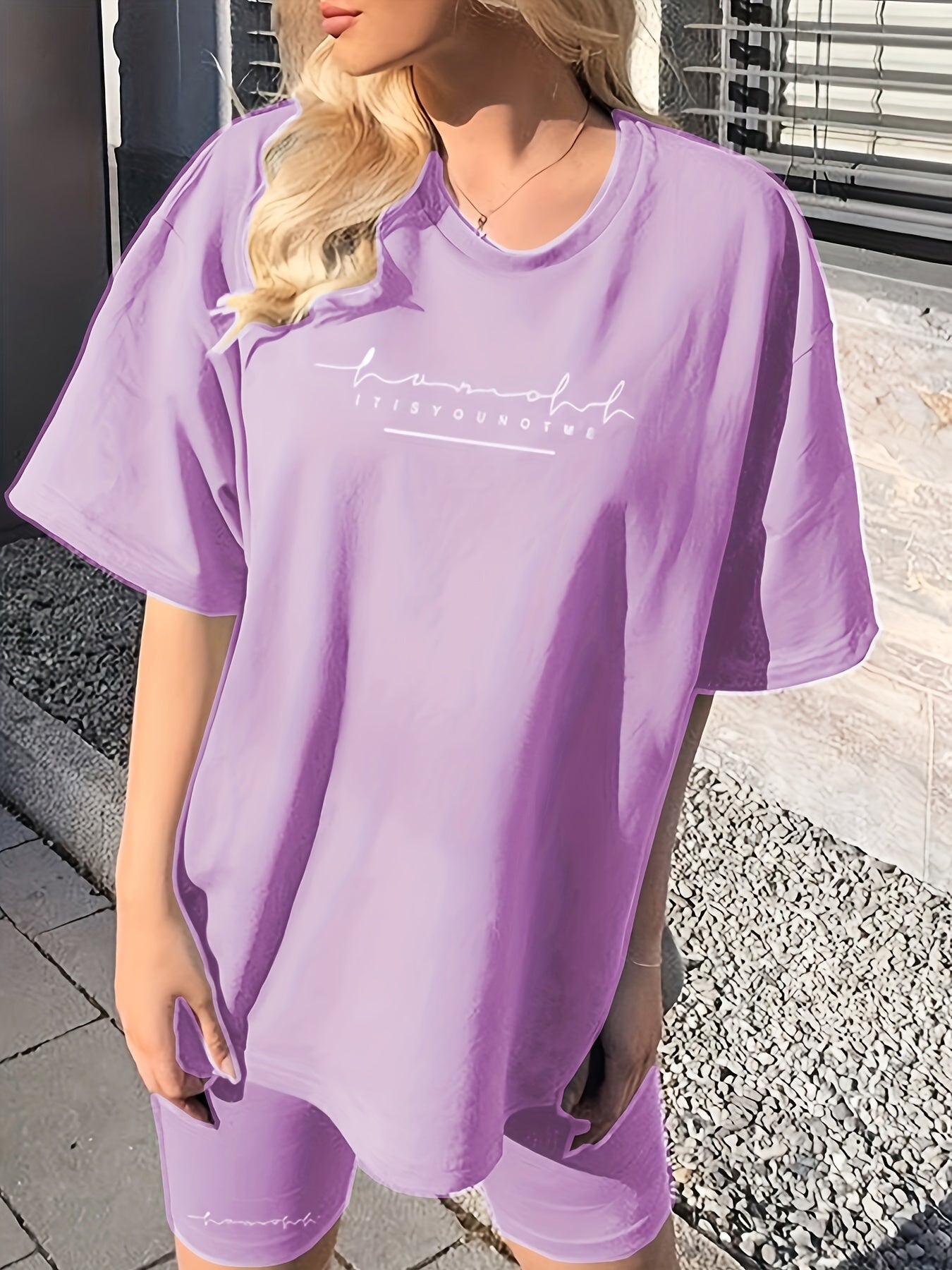 Women's Chic Lavender Letter Print Casual T-Shirt & Shorts Set - Comfy Polyester, Mid-Stretch Fabric, Round Neck, Machine Washable - Perfect for Spring/Summer
