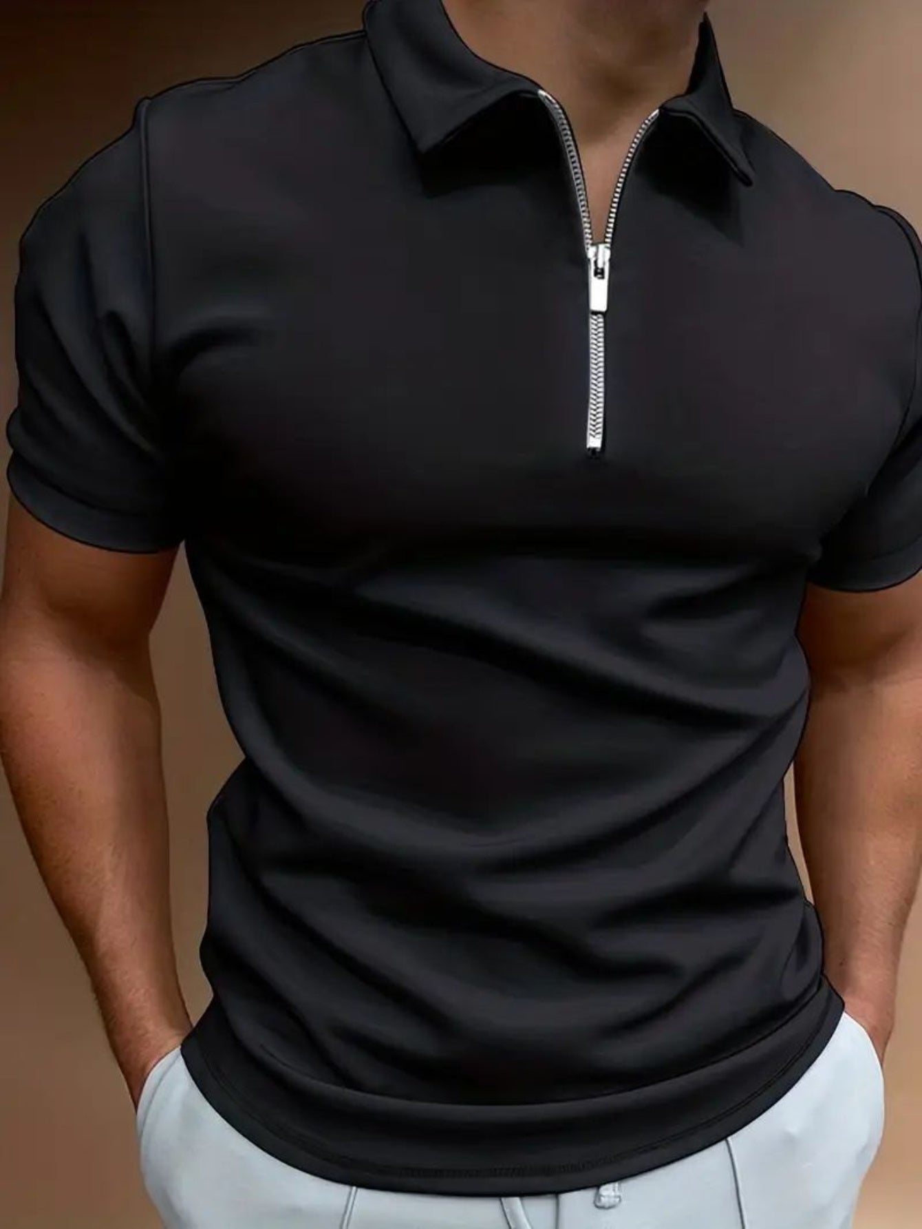 Men's Summer Classic Collar Half-Zip Casual T-Shirt - Solid Black, Breathable Regular Fit Short Sleeve Top for Casual Attire & Semi-Formal Occasions, Semiformal Attire | Halfzip Shirt | Smooth Fabric Finish