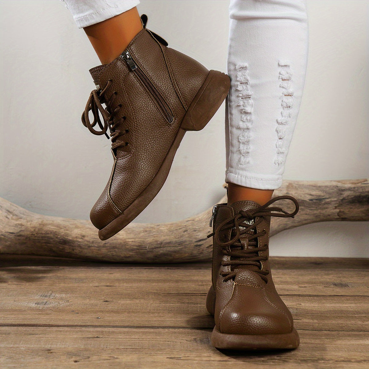 Women'S British Style Ankle Boots - Brown Faux Cover, Slimming Lace-Up Design, Lace-Up with Side Zipper, Comfortable Fabric Lining, Durable TPU Sole, Perfect for Spring, Autumn & Winter