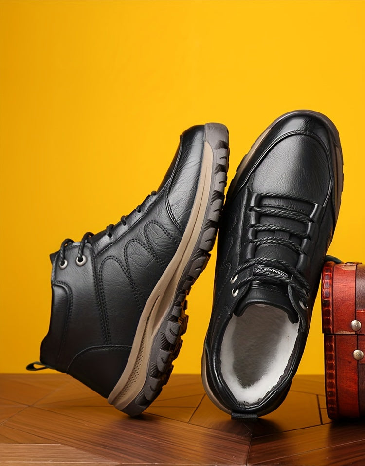 Men'S Stylish Black Leather High-Top Boots - Casual, Fashionable, Business-Ready with Lace-Up Closure, Rubber Sole, and Round Toe Design for Winter Sports and Daily Wear, Winter Boots|Stylish High Boots|Laceup Boots