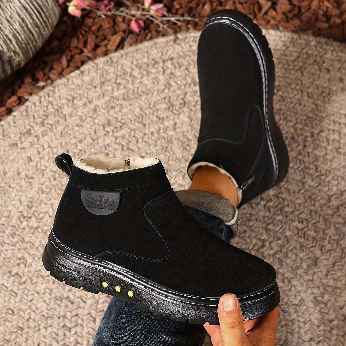 Men's Winter Ankle Boots - Slip-On Snow Boots with Fleece Lining & Thick PU Sole, Brown/Black - Slip-Resistant Traction Tread - Warm Thermal Boots for Ice, Snow, and Cold Weather - Ideal for Everyday, Formal, or winter activi