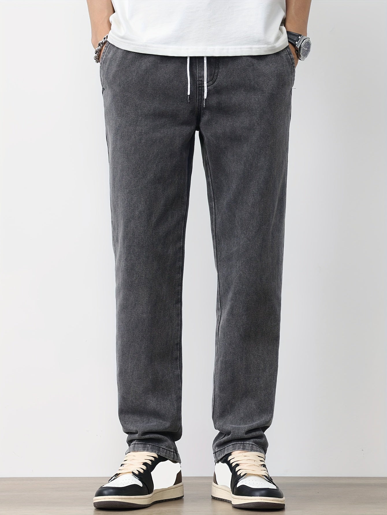 Men's Solid Washed Denim Trousers With Pockets, Causal Drawstring Cotton Blend Barrel Jeans For Outdoor Activities